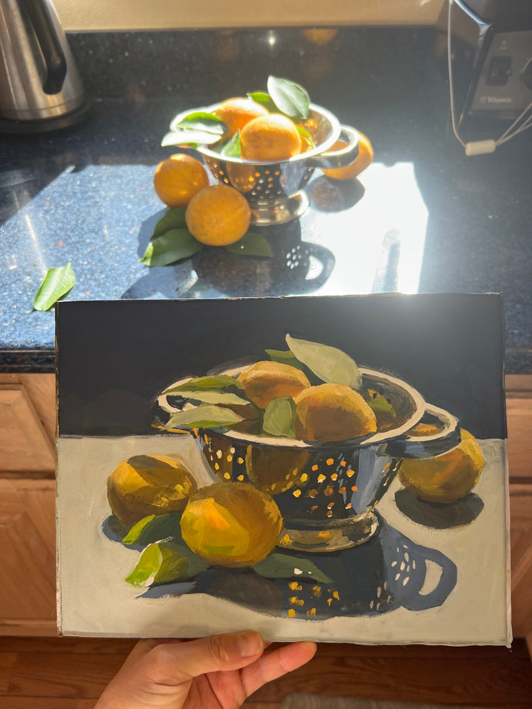 Lemons in Colander Original Gouache Painting Heather's Fine Art
