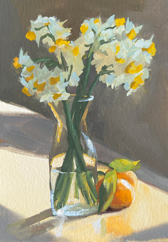 Daffodils and Oranges in Morning Light - Original Gouache Painting