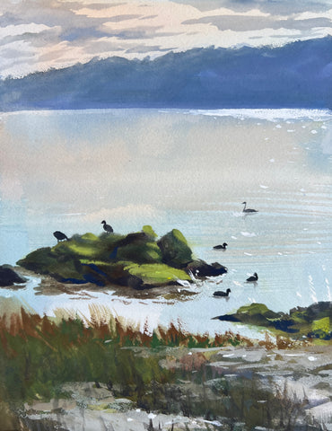 Coastal Birds at High Tide Benicia - Original Gouache Painting