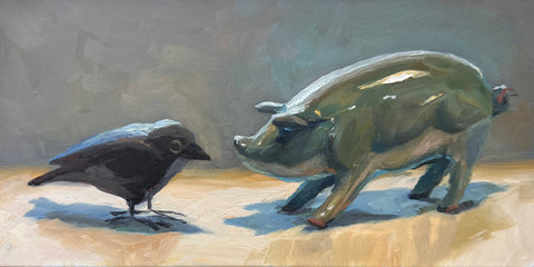 Pig Meets Crow - Original Oil Painting