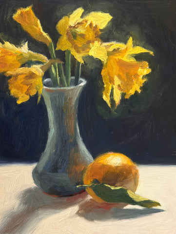 Daffodils in Ceramic Vase and Lemon - Original Oil Painting