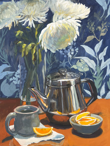 Teatime with Chrysanthemums - Original Gouache Painting