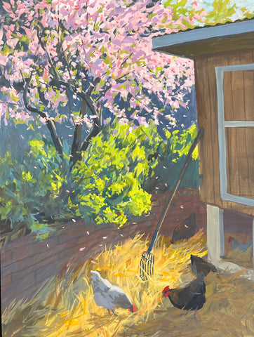 Chickens Under the Peach Blossoms - original Gouache painting