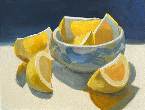 White Grapefruit in Blue Bowl - Original Gouache Painting