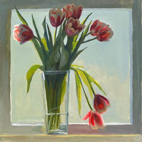 Drooping Tulips in Window - Original Gouache Painting