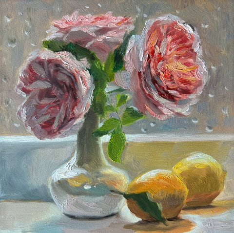 Pink Heirloom Roses with Lemons - Original Oil Painting