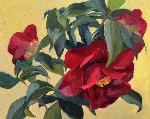 Red Camellias on Yellow - Original Oil Painting