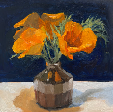 Poppies in Clay Vase - Original Oil Painting
