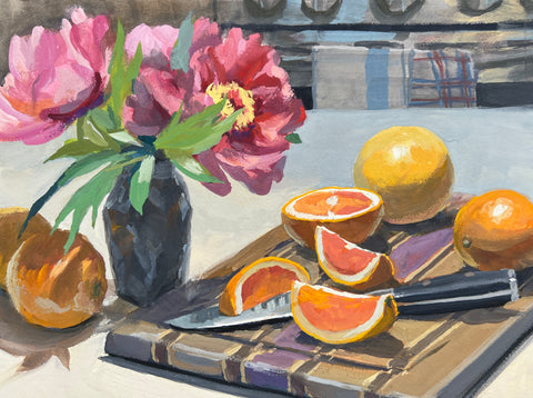 Peonies and Cut Oranges - Original Gouache Painting