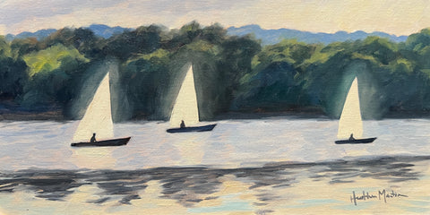 Three Sails at Sunset - Original Oil Painting