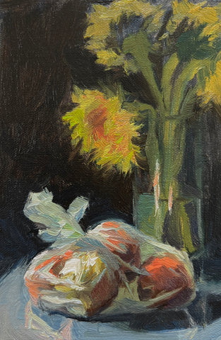 Bagged Apples and Sunflowers - Original Oil Painting