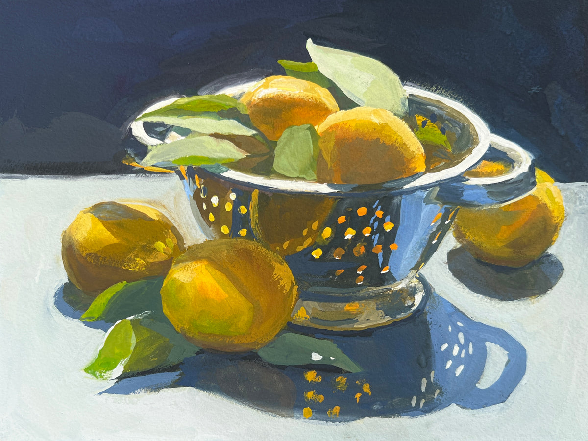 Lemons in Colander Original Gouache Painting Heather's Fine Art