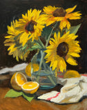 Sunflowers and Lemons on Black - Original Oil Painting