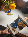 Sunflowers in Blue Vase and Orange - Original Oil Painting