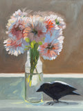 Crow and Asters - Original Oil Painting