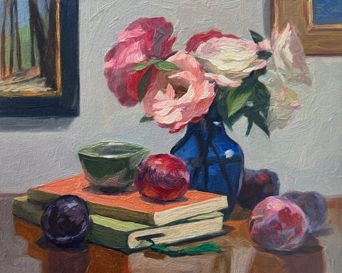 Stonefruit, Roses and Tea - Original Oil Painting