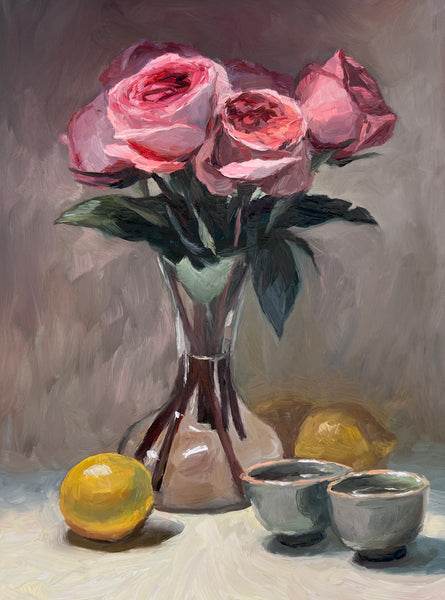 Pink Roses with Lemons and Tea - Original Oil Painting – Heather's