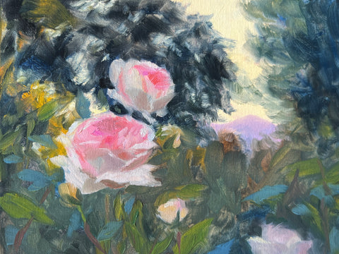 Pink Roses, Purple Diablo - Original Oil Painting