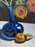 Sunflowers in Blue Vase and Orange - Original Oil Painting