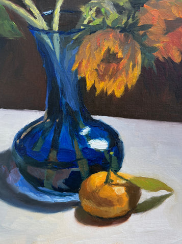 Sunflowers in Blue Vase and Orange - Original Oil Painting