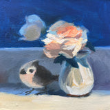 Oak Titmouse with Roses - Original Oil Painting