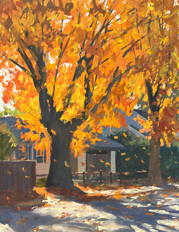 Orange Tree on Oak Grove - Original gouache painting
