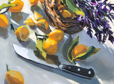 Garden Lemons and Lavender - Original Gouache Painting