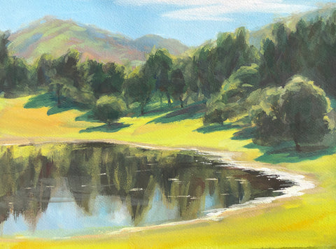 Winter Pond near Mt. Diablo - FRAMED - Original Gouache Painting