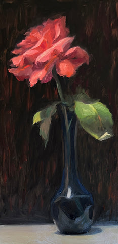Single Rose in Blue Vase - Night Sill - Original Oil Painting