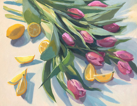 Tulips and Lemons - Original Gouache Painting