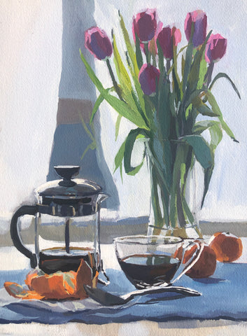 Morning Coffee and Tulips - FRAMED - Original Gouache Painting