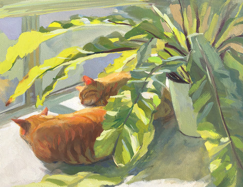 Sunning Cats under the Fern