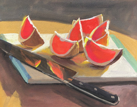 Ruby Red Grapefruit Wedges in Sunlight - FRAMED - Original Gouache Painting
