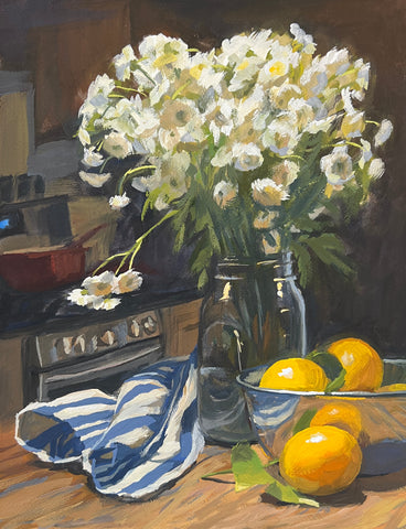 Feverfew and Lemons - Original Gouache Painting