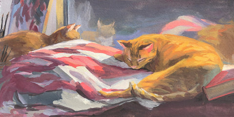 Studio Cats in Afternoon Light - Original Gouache Painting