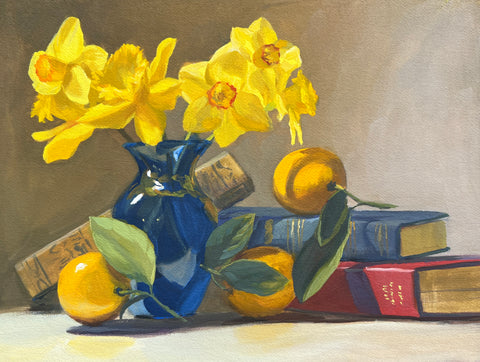 Daffodils, Books and Lemons - Original Gouache Painting