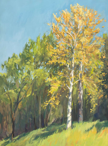 Yellow Trees in Morning Light - Original Gouache Painting