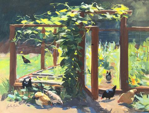 Hops and Hens - FRAMED - Original Gouache Painting