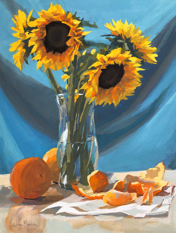 Sunflowers on Blue - Original Gouache Painting