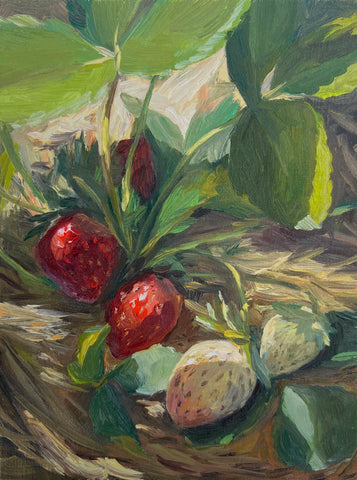Strawberries in the Garden - FRAMED - Original Oil Painting