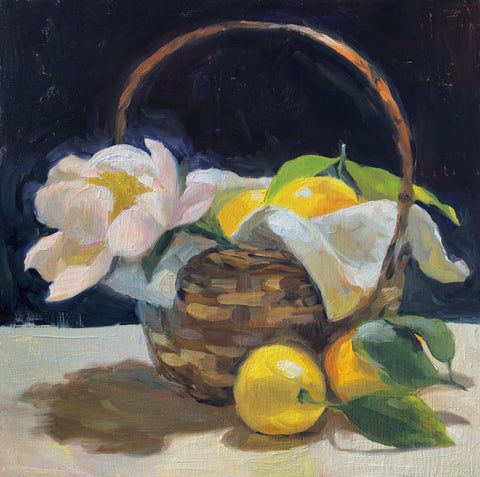 Lemons and Peony Basket Harvest - Original Oil Painting