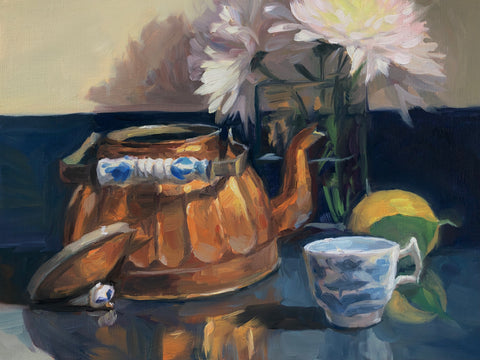 Copper Teapot and Mums - original Oil Painting