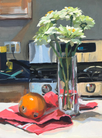 Kitchen Zinnias - Original Gouache Painting