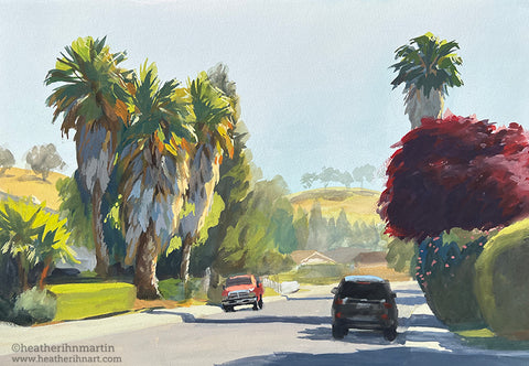 Neighborhood Palms and Hills - Original Gouache Painting
