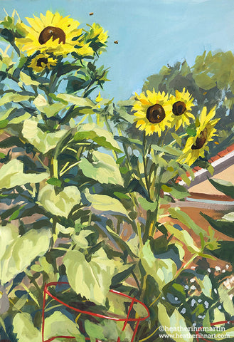 Sunflowers in the Sky - FRAMED - Original Gouache Painting