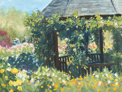 Poppies and Roses at the Gazebo - Original Gouache Painting