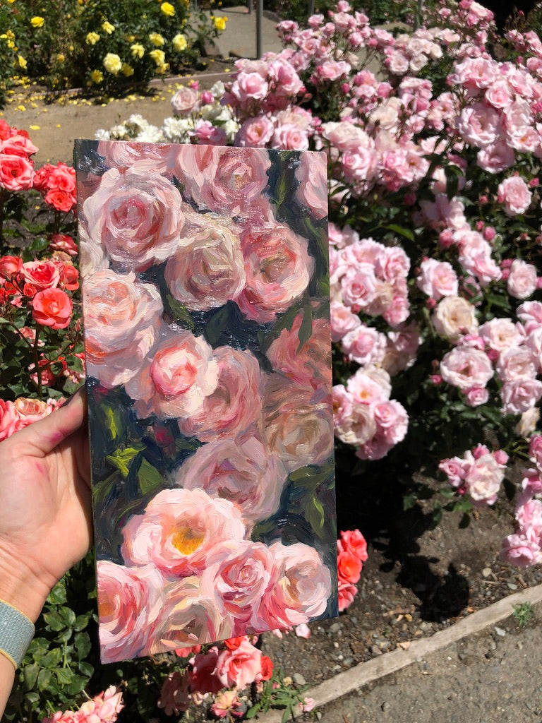 Pink Roses in Chanel No5, Original Oil Painting on 8x10 Unframe, carolinaelizabeth
