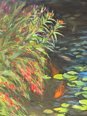 Koi and Flowers - Original Gouache Painting