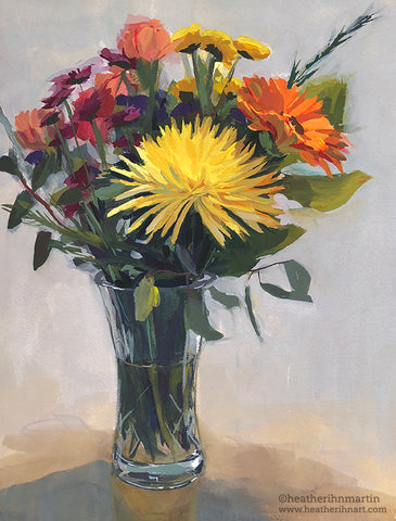 Yellow Spider Mum Bouquet - Original Gouache Painting