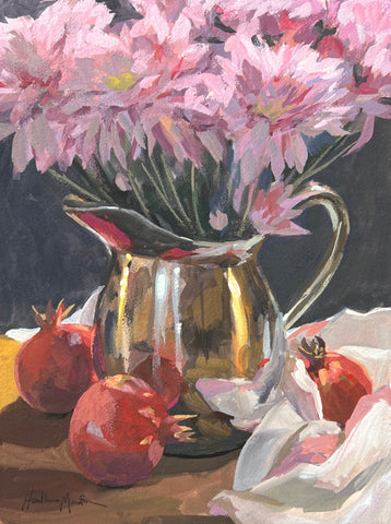 Poms and Pomegranates - Original Gouache Painting - FRAMED